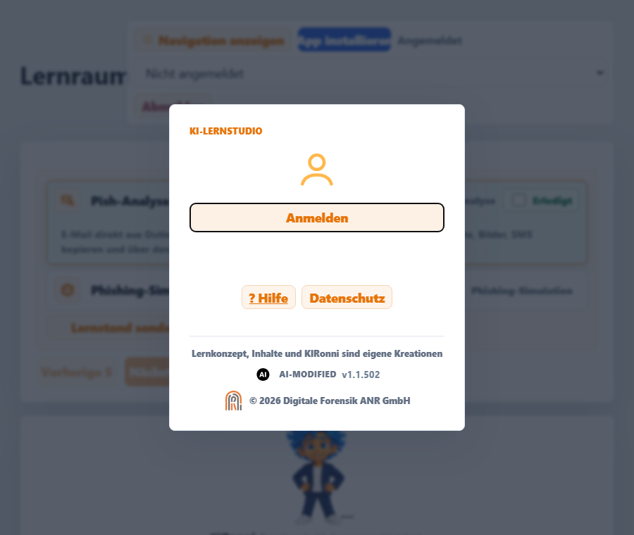 Startseite mit dem Knopf „Anmelden“ und darunter „? Hilfe“ und „Datenschutz“