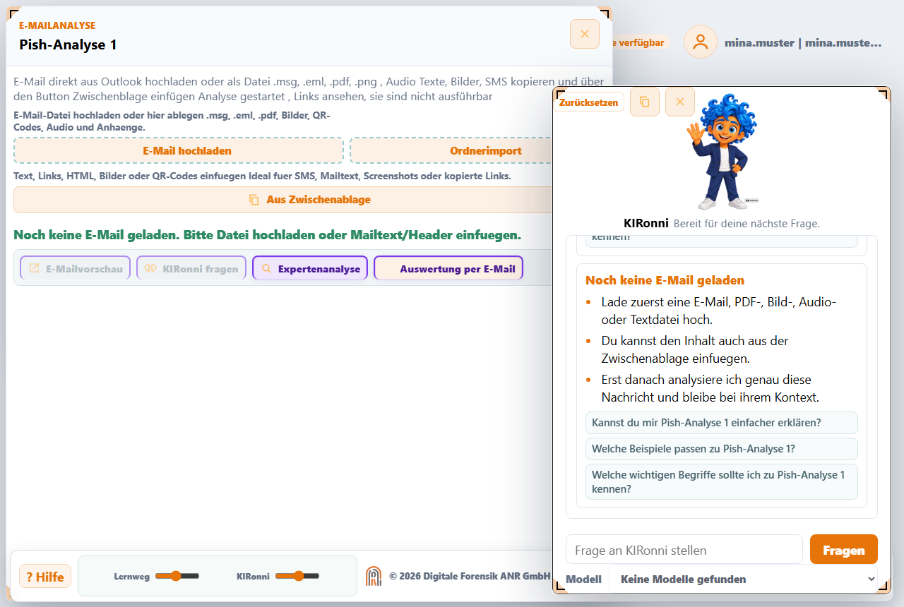 Die E-Mailanalyse mit den Knöpfen „E-Mail hochladen“, „Ordnerimport“ und „Aus Zwischenablage“, darunter E-Mailvorschau, KIRonni fragen, Expertenanalyse und Auswertung per E-Mail