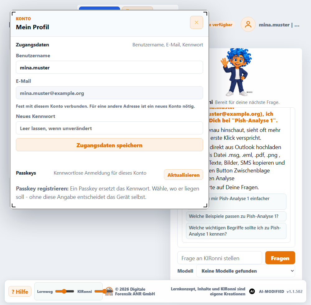 Fenster „Mein Profil“ mit Benutzername, E-Mail, neuem Kennwort und dem Bereich für Passkeys