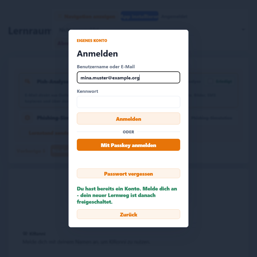 Fenster „Konto erstellen“ mit Vorname, Nachname, E-Mail, Benutzername und zwei Feldern für das Kennwort